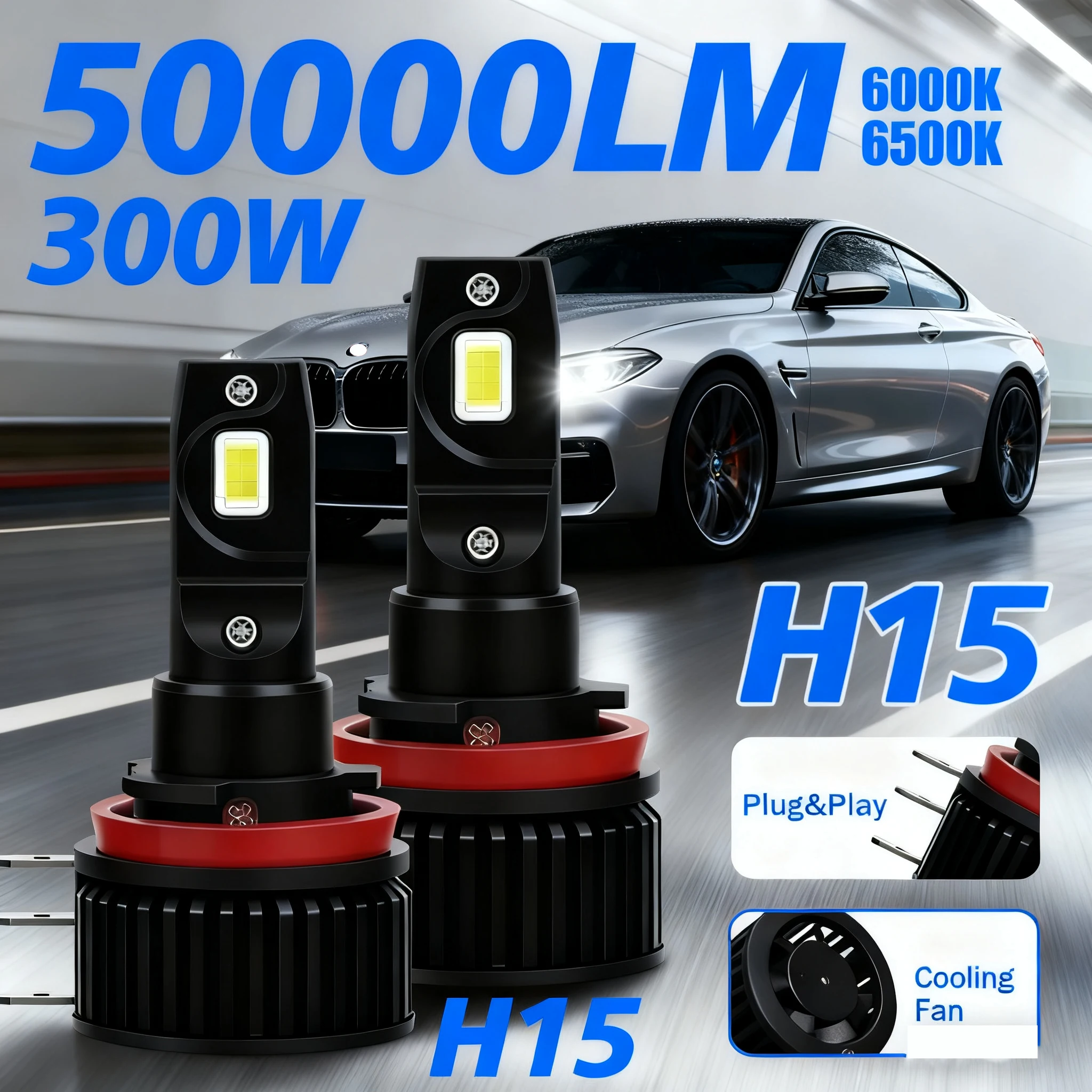

H15 LED Headlight Bulbs Canbus High Low Beam Super Bright 50000LM 300W Plug And Play For BMW Mercedes Audi VW Golf 6 MK3