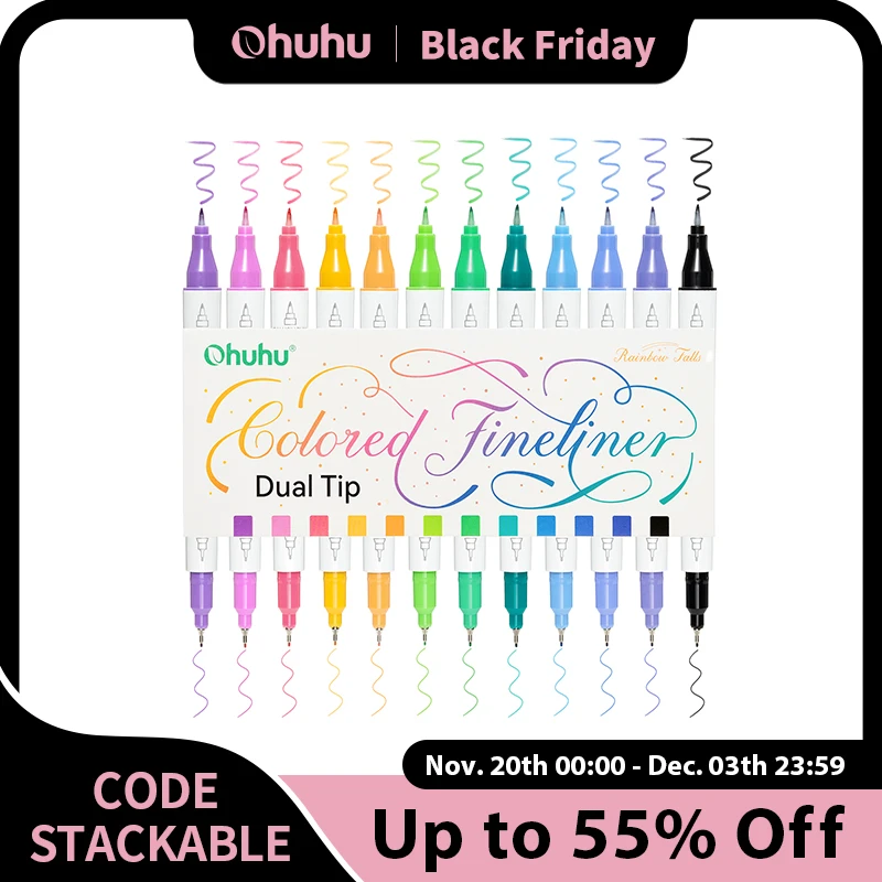 

Ohuhu Colored Fineliner & Brush Pens 12 Colors Dual Tips Colored Drawing Pens Waterproof Micro Pens Drawing Sketching Journal