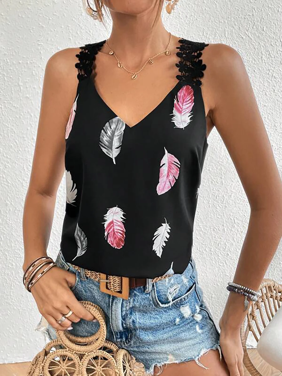 

Женская майка на бретельках с V-образным вырезом, черная, с принтом перьев и кружевной отделкой, для повседневной носки и отпуска, весна-лето