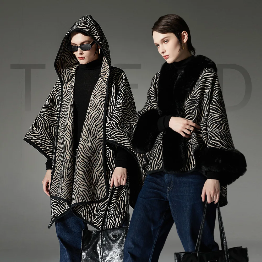 4 Style 2024 Winter Women Long Faux Cashmere Fur Collar Poncho Cape Thick Cardigan Overcoat Zebra Pattern Loose Shawl Cloak