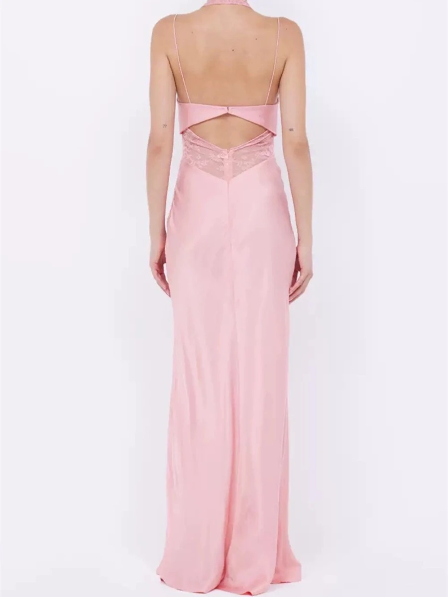 VGH เซ็กซี่ Spliced SHEER ตาข่ายลูกไม้ชุดผู้หญิง Halter แขนยาวเอวสูง Backless Slim ความยาวชั้นชุดหญิง