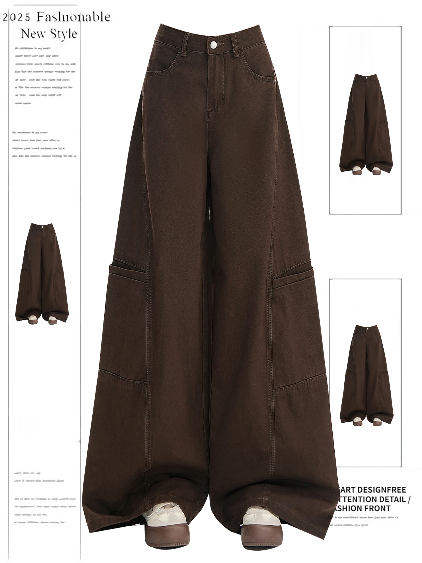 

Retro American Wide Leg Denim Jeans Women's Spring Autumn Design Loose Multi ket Workwear Pants Floor-Length Trousers