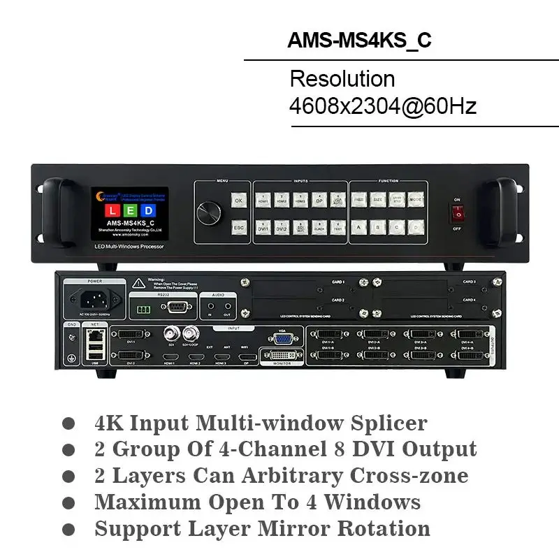 

4K multi window Splicer AMS-MS4K 4608X2304@60HZ 2x2 LED Video Processor VGA DVI DP Iinput 4 Windows Open Layer Mirror Rotation