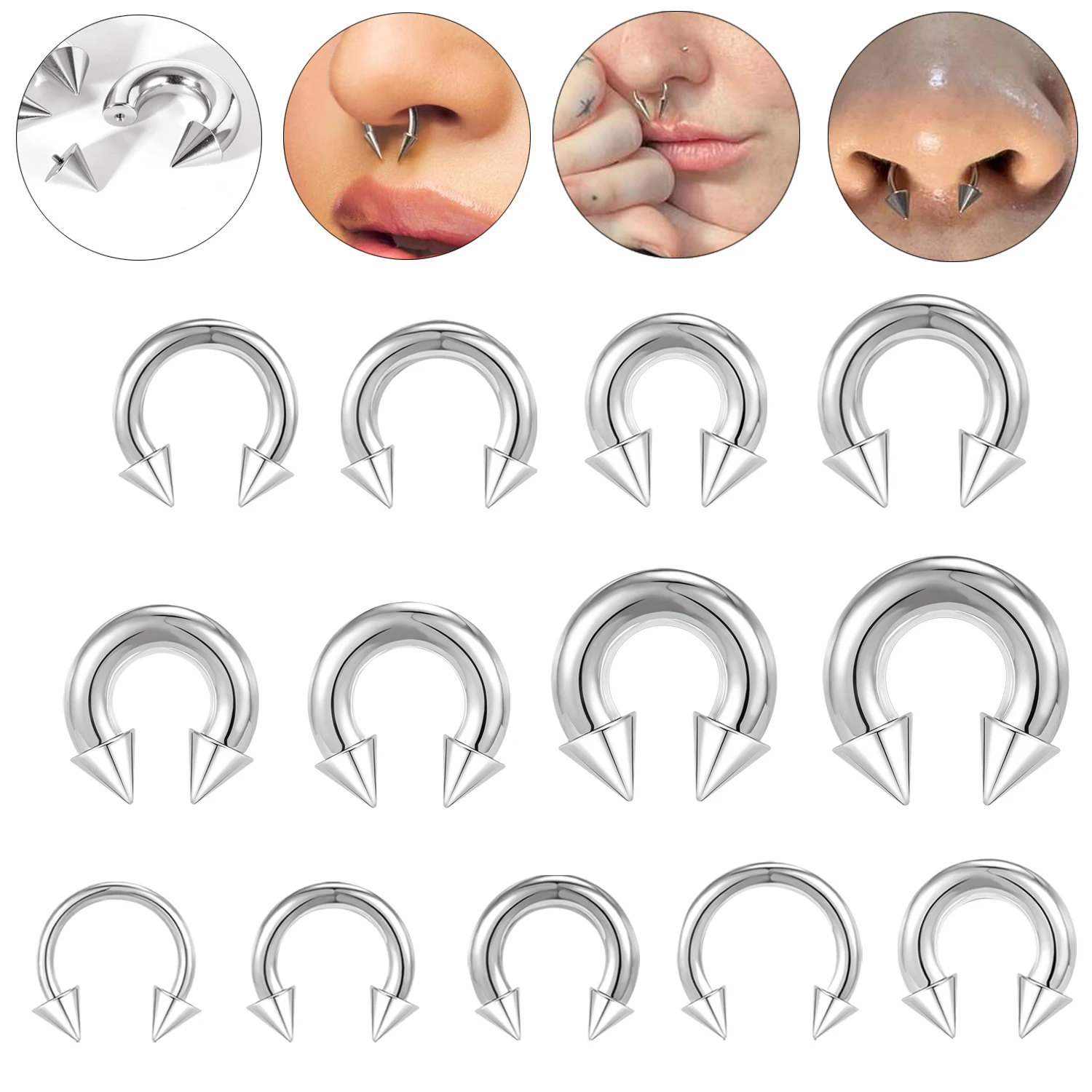 ZS 1PC 2/4/6/8G Spike podkowa kolczyk w nosie stożek ze stali nierdzewnej duży miernik piercing gwintowany wewnętrzny przegroda nos ekspander do uszu