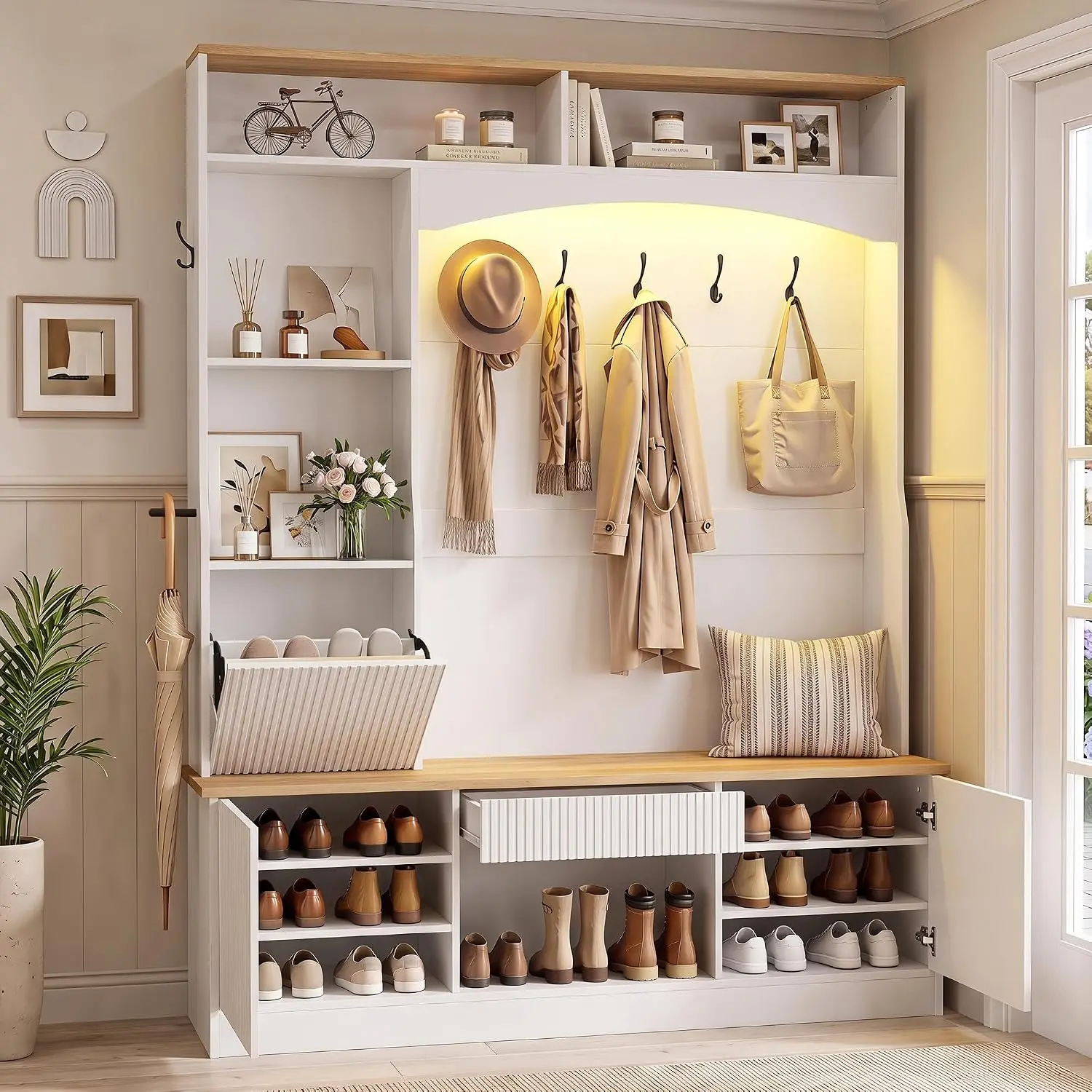 75" Hall Tree with Bench Storage Double-tier Coat Hooks Shoe Cabinet LED Lights Entryway Bedroom Mudroom White, Customized view 2