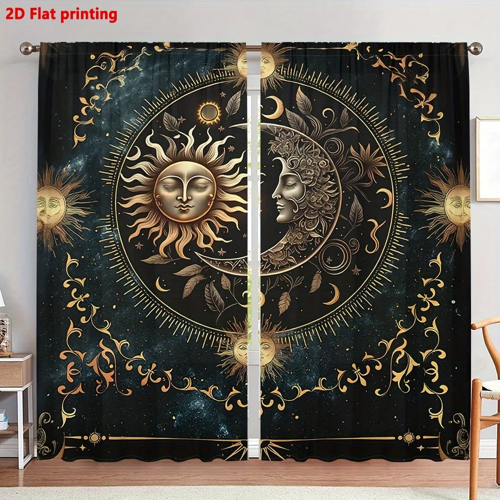 

2D Flat 2pcs Vintage Celestial Sun Moon StarsWindow Curtains Golden Mystical Galaxy Pattern Artistic Dark Background Rod Pocket