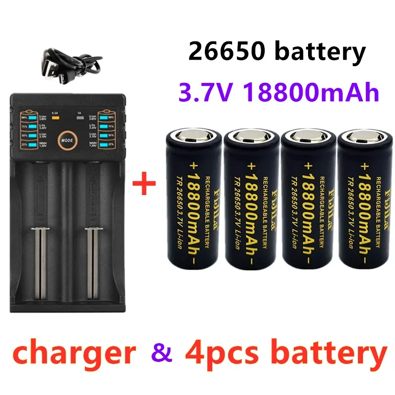 100% Original hohe qualität 26650 batterie 18800mAh 3,7 V 50A lithium-ionen akku für 26650 LED taschenlampe + ladegerät