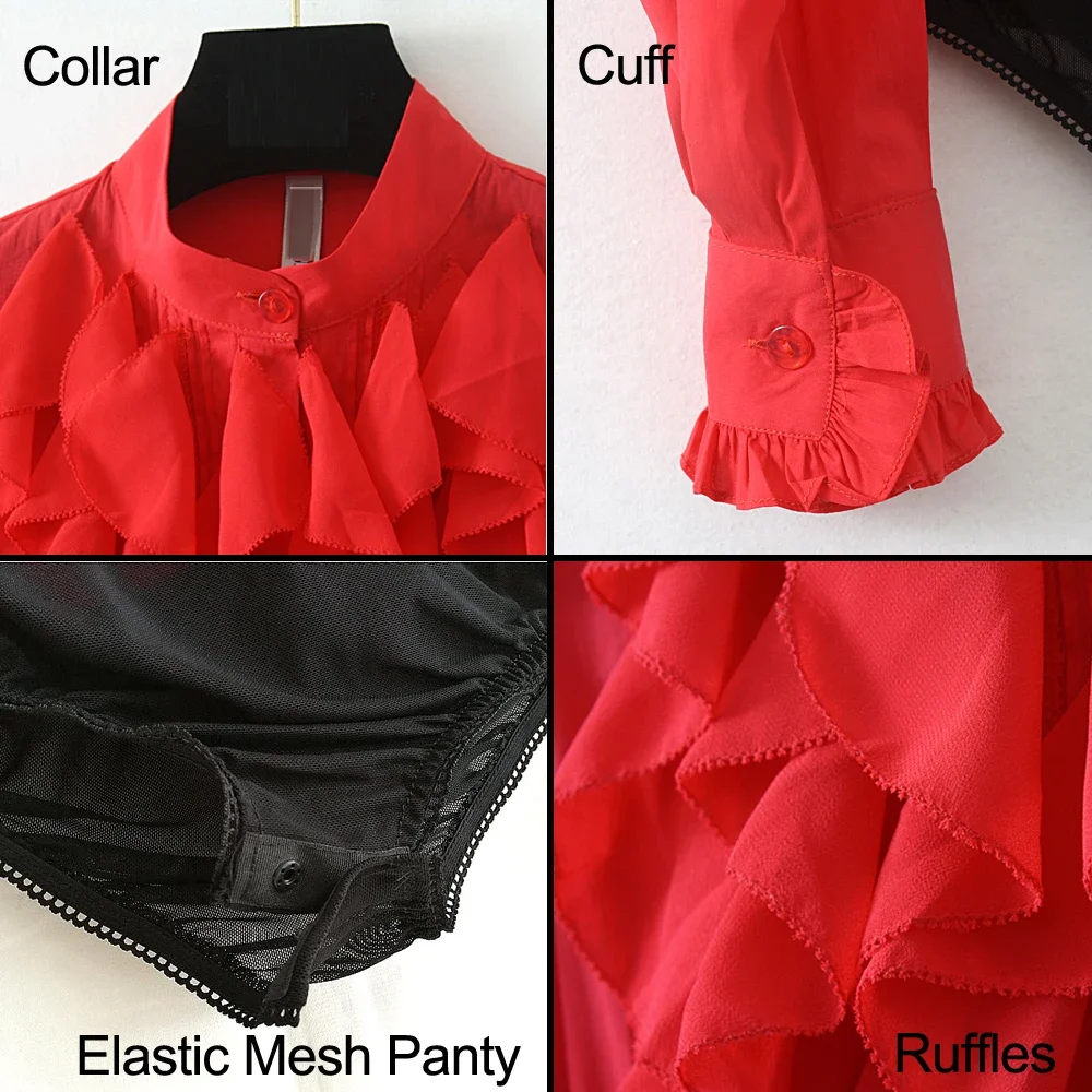 Stand Collar Ruffles Lantern Sleeve Body Blouse Women Long Sleeve Office Work Wear Bodysuit Blusas Mujer De Moda Red White