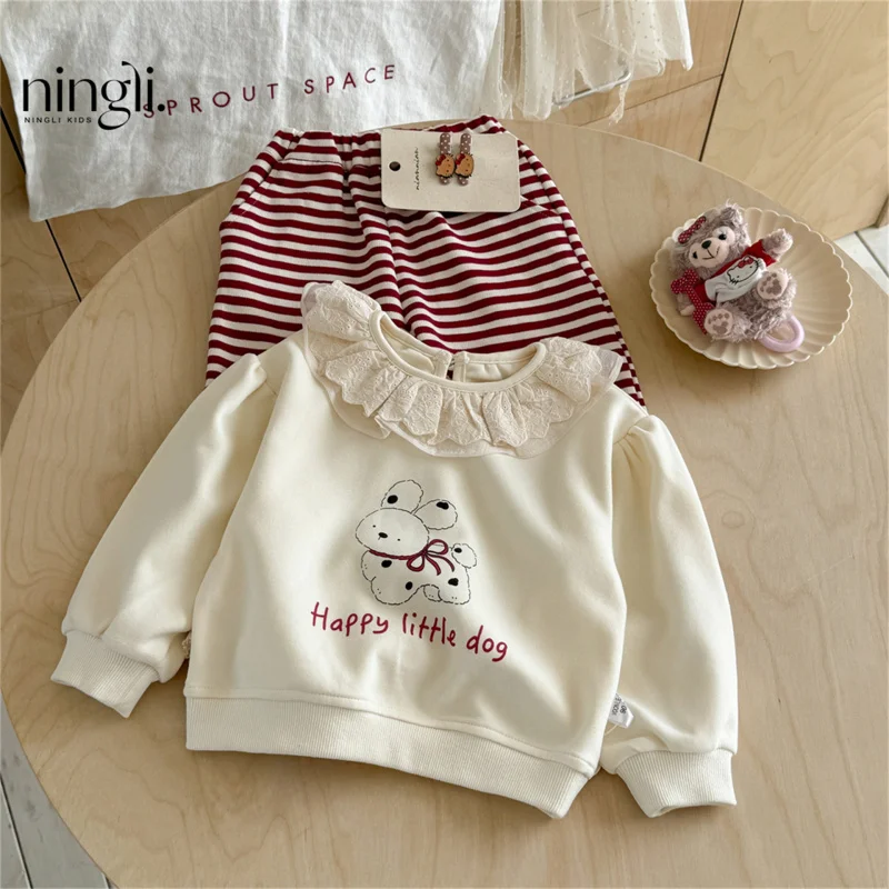 

Girls' Sweatshirt Set Autumn New Fashionable Children's Clothes Baby Striped Straight Pants Two-Piece Set Spring Autumn
