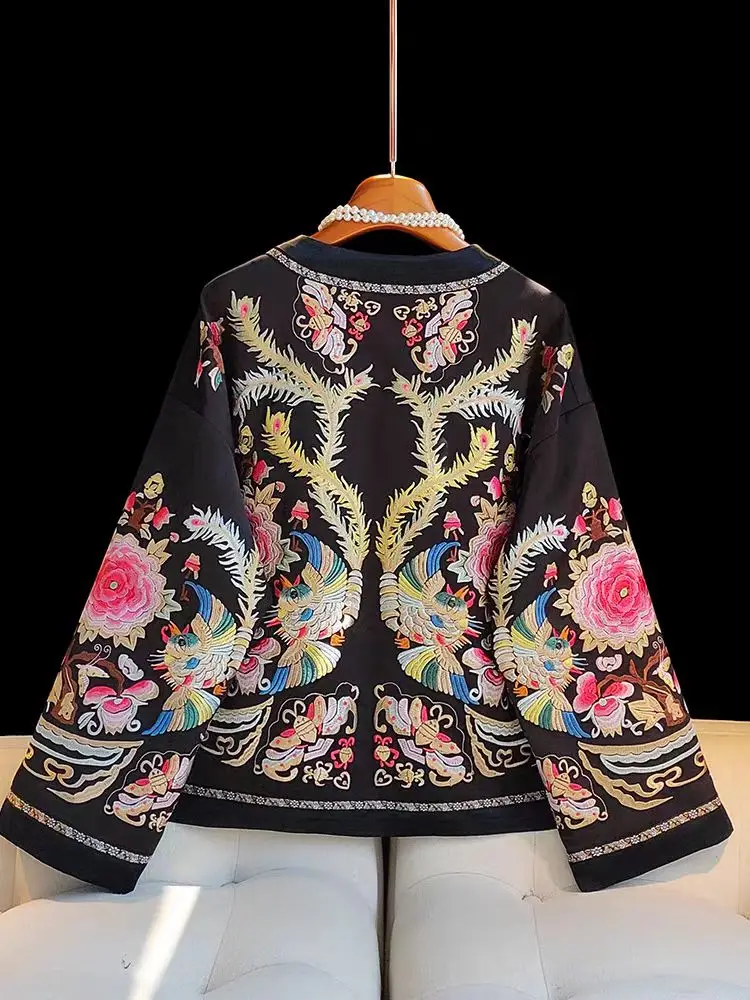 Autumn New Chinese Style Round Neck Women's Acetate Fabric Exquisite Phoenix Embroidery Single Breasted Lady Jacket S-XXL