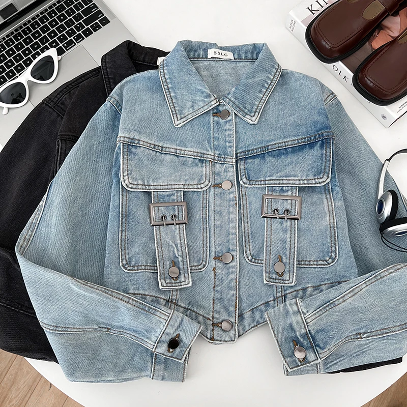 

Spring Autumn New Irregular Hem Single-Breasted Jeans Jacket Female Korean Style Casual Big Pocket Short Denim Jacket