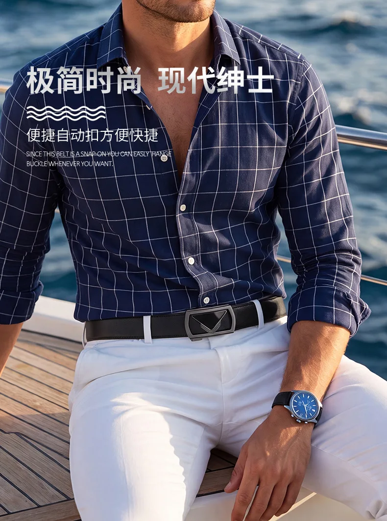 Men's waist belt automatic buckle two-layer cowhide shiny triangular hollow buckle business formal outfit matching