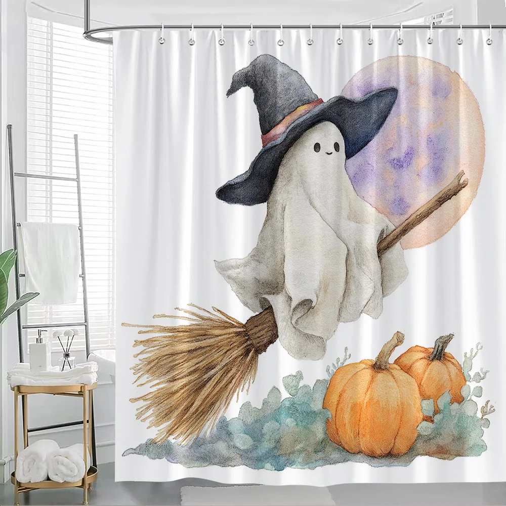 

1 шт., занавеска для ванны на Хэллоуин, милая шляпа ведьмы и метла с тыквой, акварельный дизайн, модный домашний декор для ванной комнаты, полиэфирная ткань