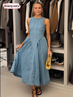 Women Fashion Denim Slim Long Dresses Chic O Neck Sleeveless High Waist Pleated Maxi Dresses 2025 Female Commute Street Vestidos