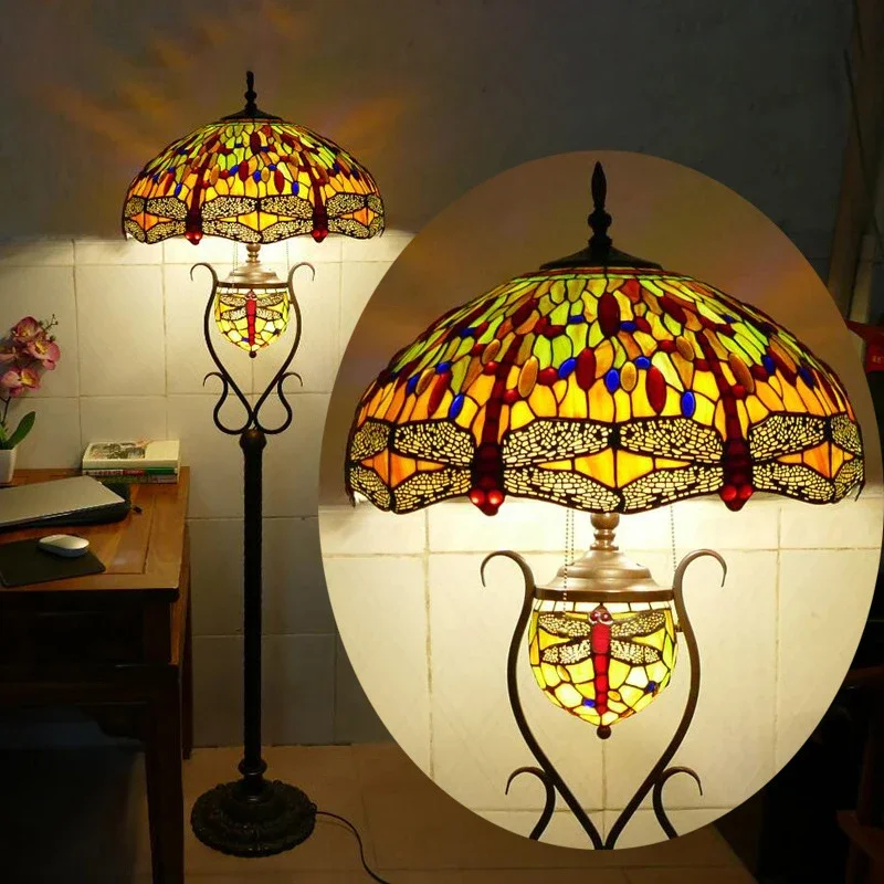 

TEMAR Tiffany Floor Lamp American Retro Living Room Bedroom Lamp Country Stained Glass Floor Lamp