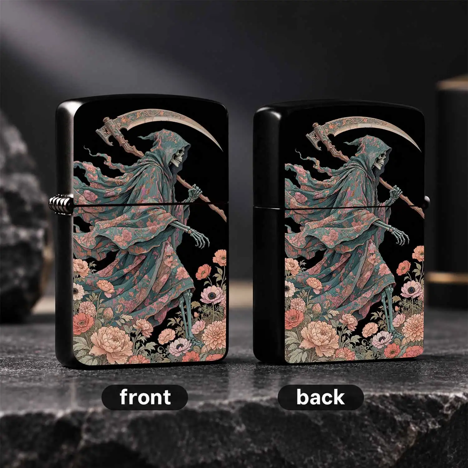 Vintage Floral Pattern Grim Reaper Skeleton Decorative Lighter, Artistic Aesthetic Walking Through Blooms Design, Versatile for All Occasions, Unique Stylish Portable Nice Gift, Exquisite Creative Decorative Practical Accessory for Daily U