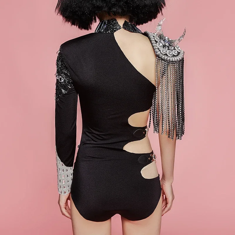 New Sexy Hollow Out Rhinestones Tassel Bodysuit For Singer Dancer Bar Concert Performance Clothes Party Show Dance Costume