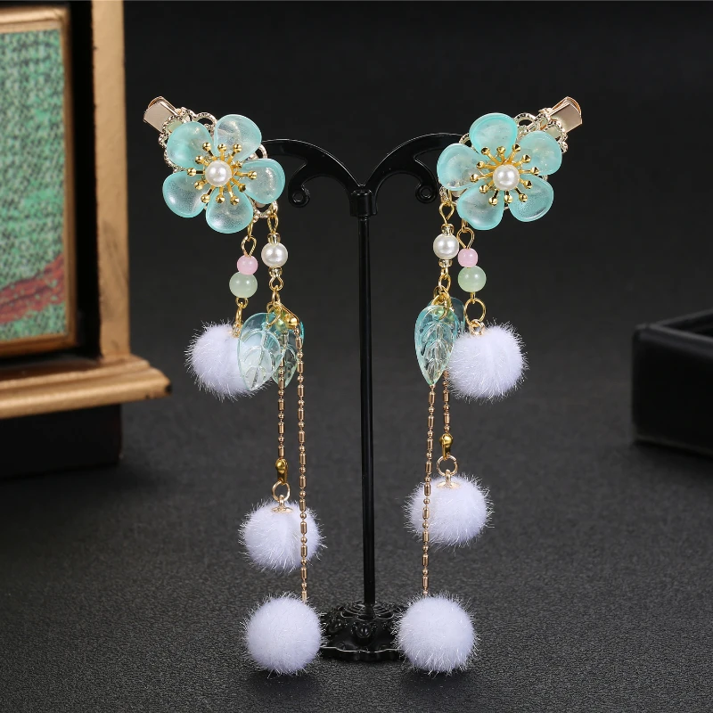 Chinese-style Hanfu Accessories Hairball Hairpin Children\'s New Year Simple Leaf Pendant Antique Headwear Fairy Hair Accessories