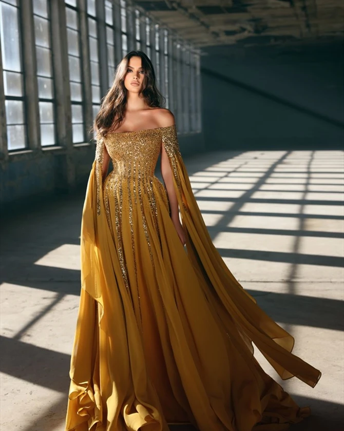 Ginger Yellow Evening Dresses Sequined A Line Prom Gowns Custom Made Boat Neck Long Sleeves Party Dresses