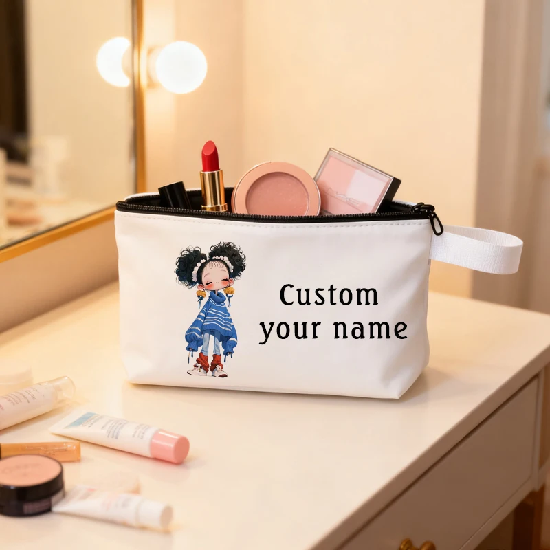 

Custom Your Name Cosmetic Bag Cute Girl Pattern Travel Pouch Stationery Zipper Canvas Bag Pencil Cases Multifunction Organizers