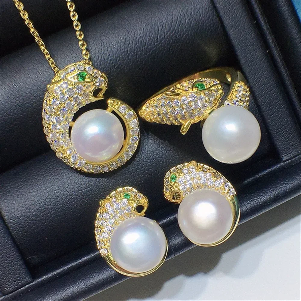 Women's summer freshwater pearl inlaid suit female 8-9mm lucky leopard head three-piece fine pearl jewelry