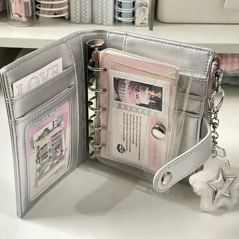 1 ud. Libreta pequeña plateada de cuero suave para niñas, tarjetero portátil, carpeta para estudiantes, bloc de notas M5, estilo simple Ins, tipo flipbook