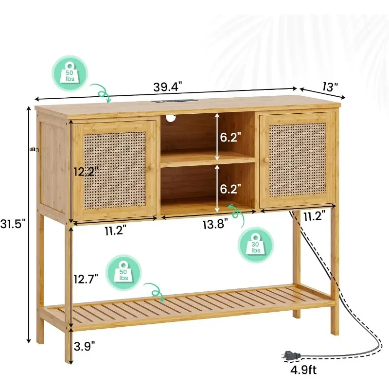 39.4'' Entryway Table with LED Lights, 2 Rattan Storage Cabinets and Open Shelves, Sofa table, Entry Hallway Table, Foyer