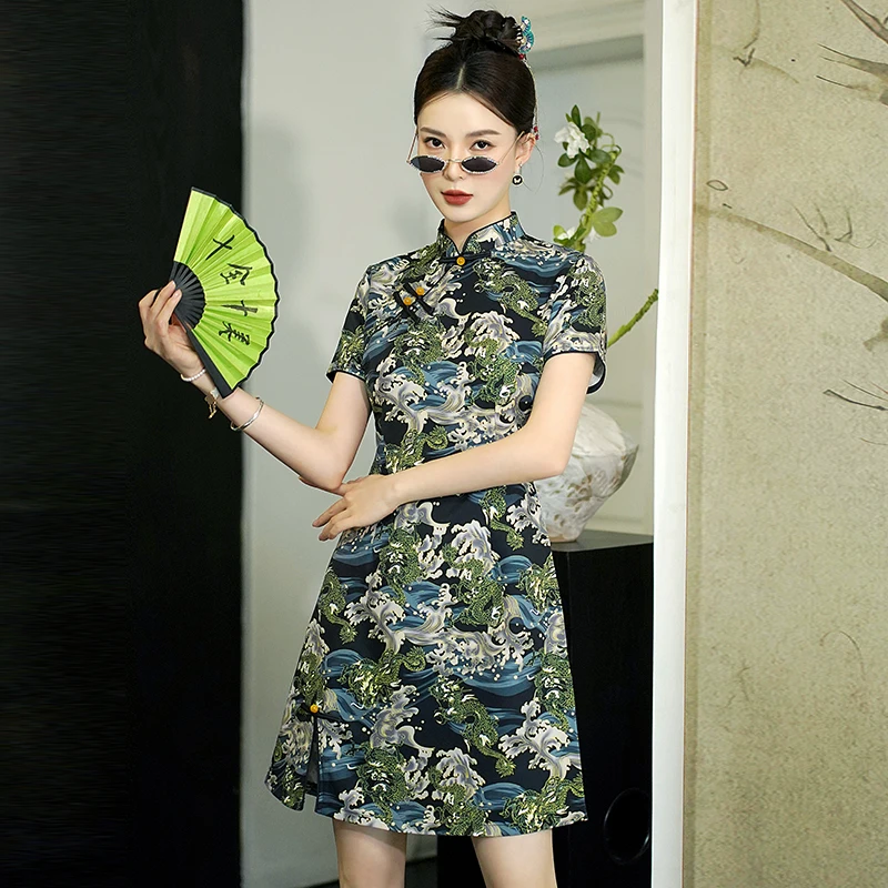 

Винтажное платье Ципао, топы в китайском стиле, вечерние сувениры дракона через четыре сезона, Cheongsam с принтом, 2025 г., женское современное платье