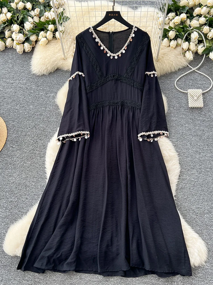 Dames zomerjurk vintage etnische stijl kant patchwork uitlopende mouwen losse afslanken casual effen kleur lange vestidos DS163