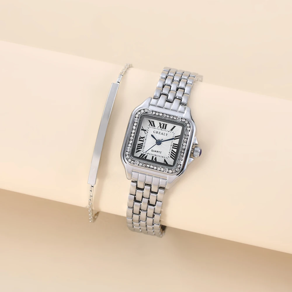 Fashion Square Diamond Roman Steel Belt Quartz Watch Bracelet