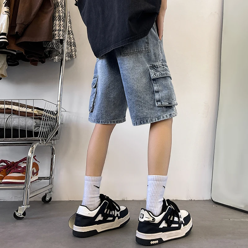 الصيف الرجال الدنيم السراويل فضفاضة جيوب مستقيمة البضائع الجينز مرونة الخصر خمر واسعة الركبة طول سراويل قصيرة الشارع الشهير