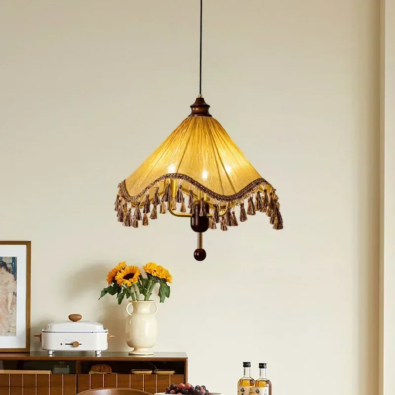 Retro Fabric Patterned Pendant Lights Tassel Ceiling Chandeliers Decoration Bedroom Living Room Dining Table Led Hanging Lamps
