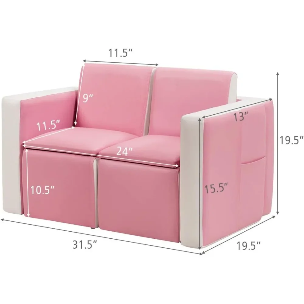 Children's Sofa, 2-in-1 Convertible Two-seater Sofa with Storage, Children's Chaise Longue in PVC Leather