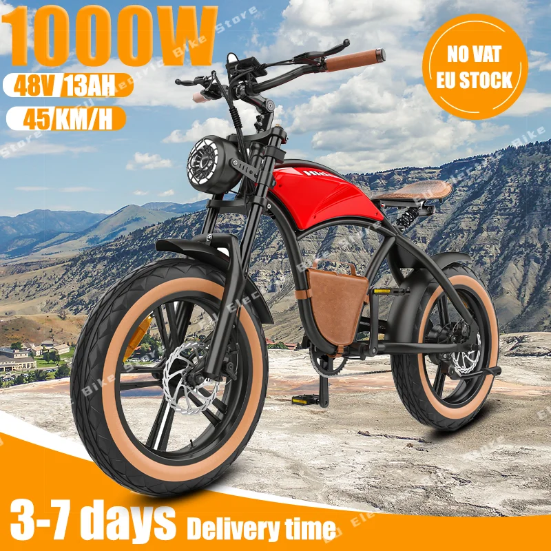 HD-B10 Electric Bike 1000W Motor 48V13AH Lithium Battery Mountain E Bike Retro Motorcycle 20*4.0 Inch Fat Tire Electric Bicycle