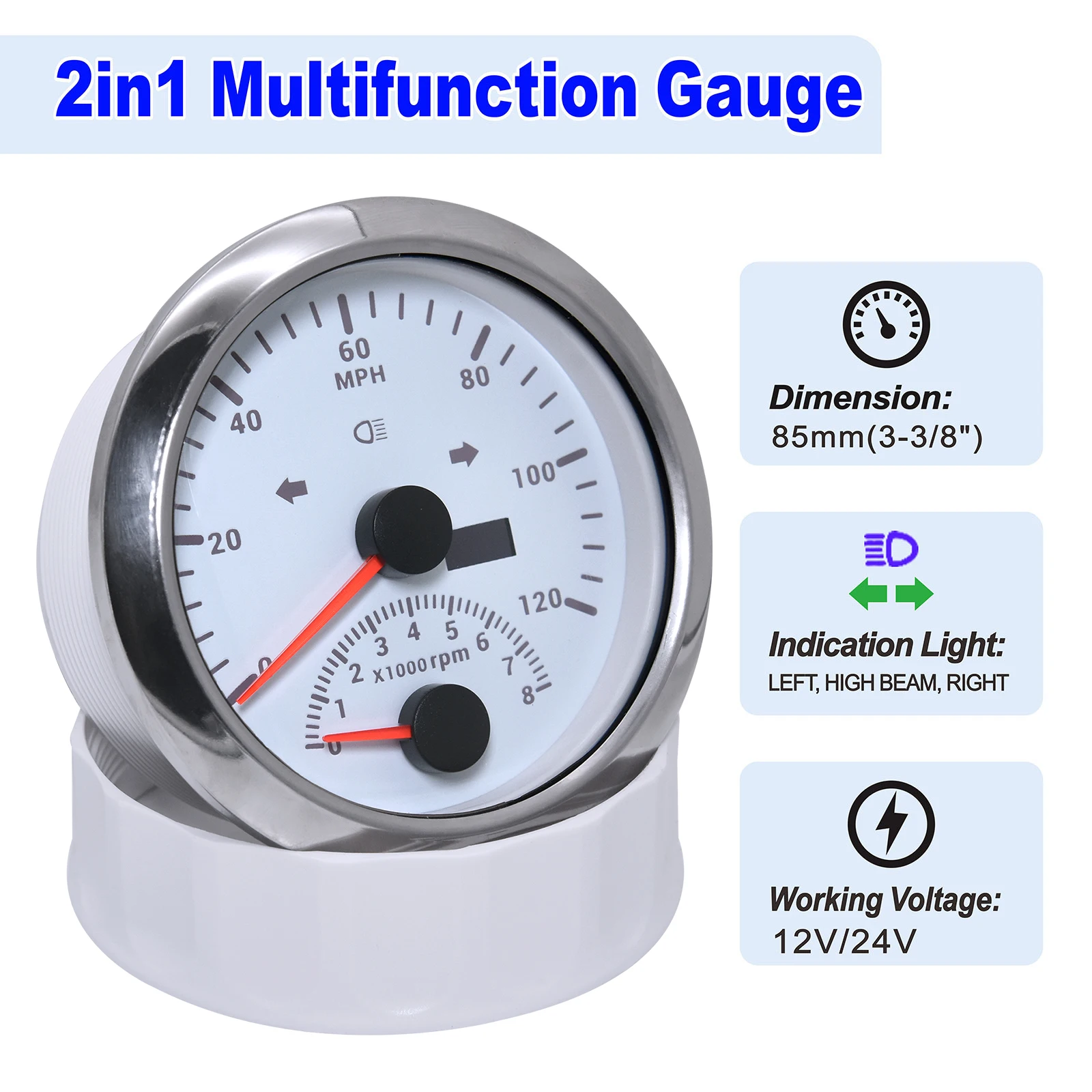 2in1 Gauge 85mm Tachometer 8000 RPM 200 Km/h GPS Speedometer with Left and Right Turn Signals for 12V 24V Motorcycle Boat