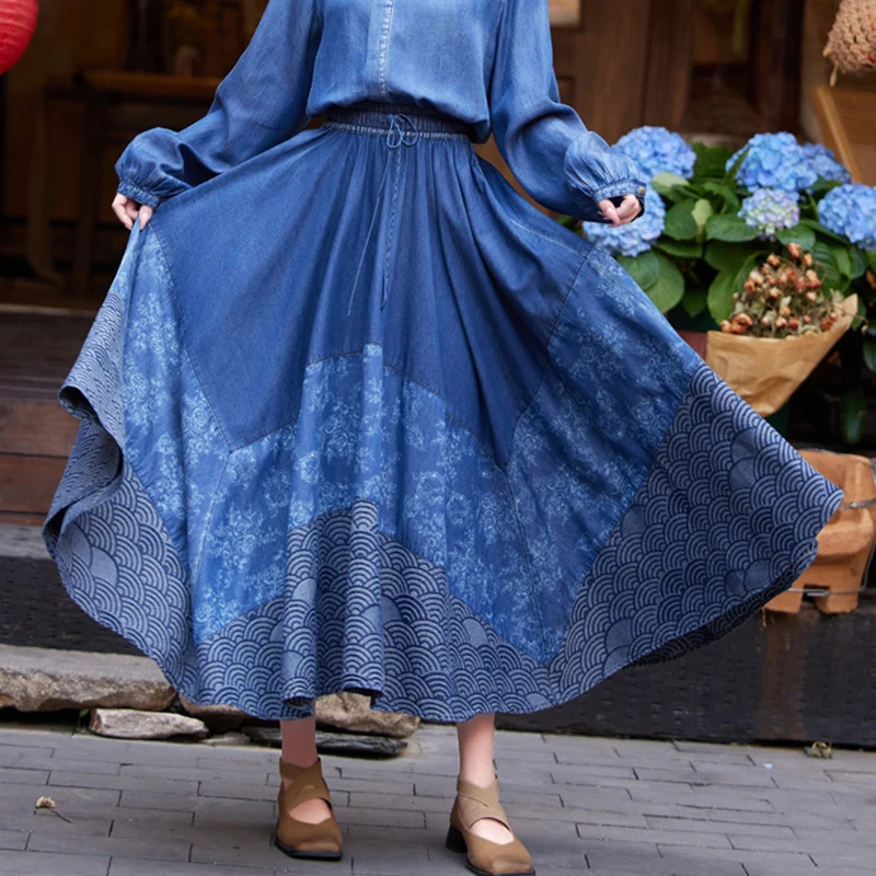 2024 100% Cotton Retro Casual Large Hem Denim Patchwork Women's Long skirt , faldas largas elegantes elegant women's long skirt