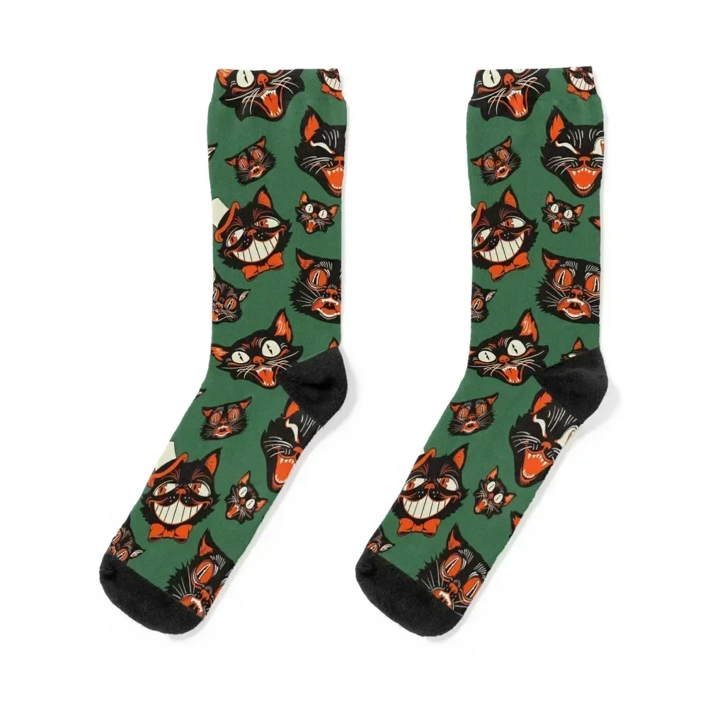 

Retro Vintage Halloween Black Cat Faces Pattern - GREEN Background Socks cotton funny sock luxe Socks Men's Women's