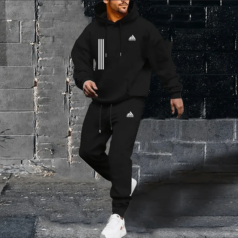 Autumn Winter Men Hooded Pullover Two Piece Tracksuit Jogger Pants Casual Outdoor Jogging Fitness Sportswear