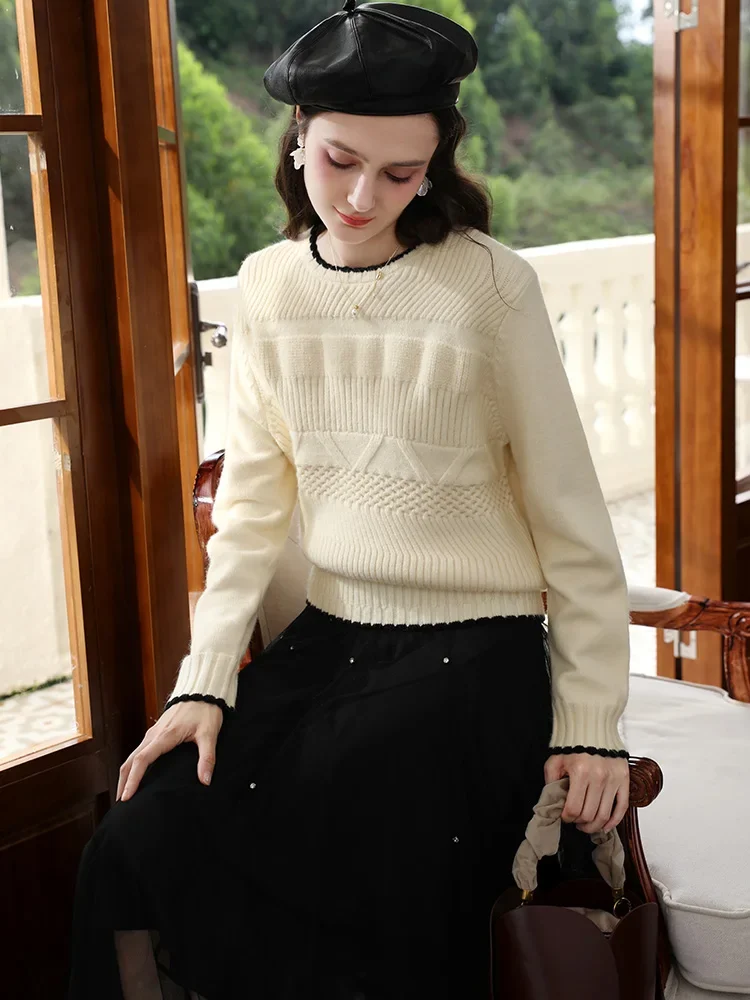 I BELIEVE YOU Beige hooked edge crew neck knitted sweater women\'s 2024 autumn winter new thickened warm casual top 2244125748