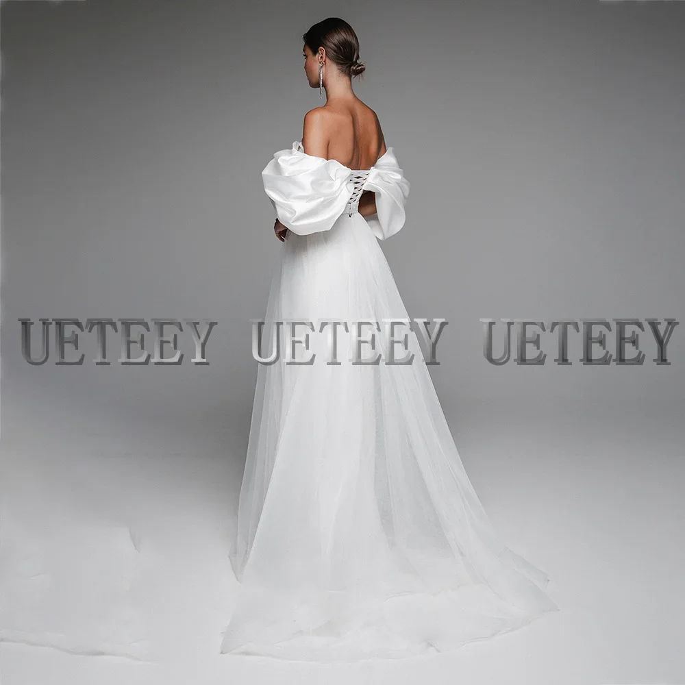 Vestido de novia personalizado con hombros descubiertos, vestidos de fiesta de boda de manga corta de satén, vestido de fiesta largo elegante para mujer con cordones en la espalda