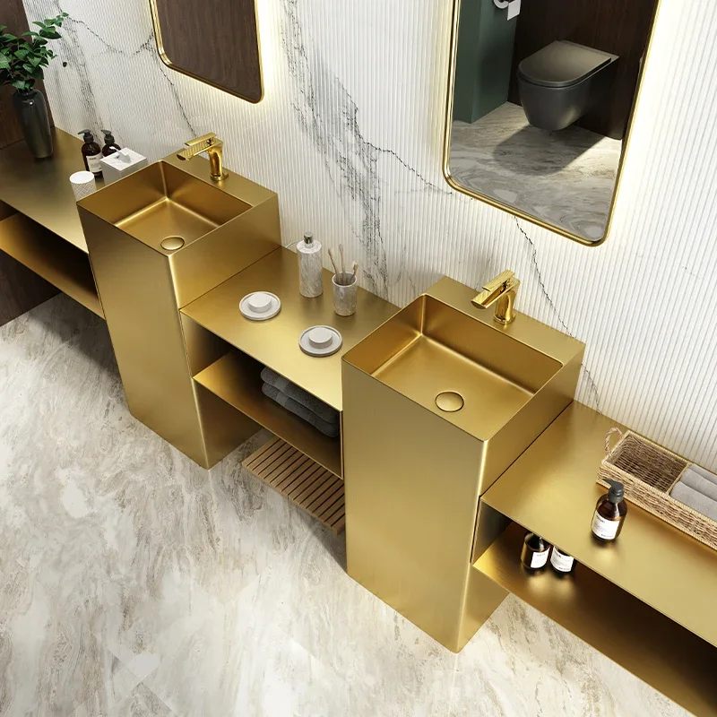 

Golden stainless steel washbasin basin integrated floor-to-ceiling washbasin B&B hotel pillar washbasin