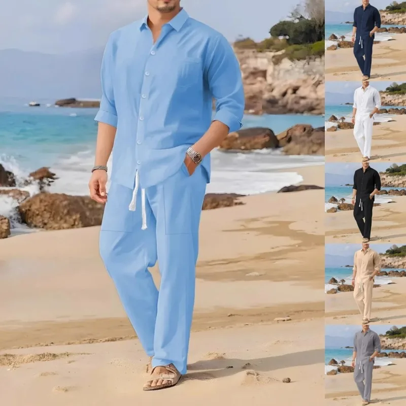 

Spring,Summer autumn New Men's Casual Long-Sleeved Set, Solid Shirt and Pants - Comfortable and Fashionable Two-Piece Set