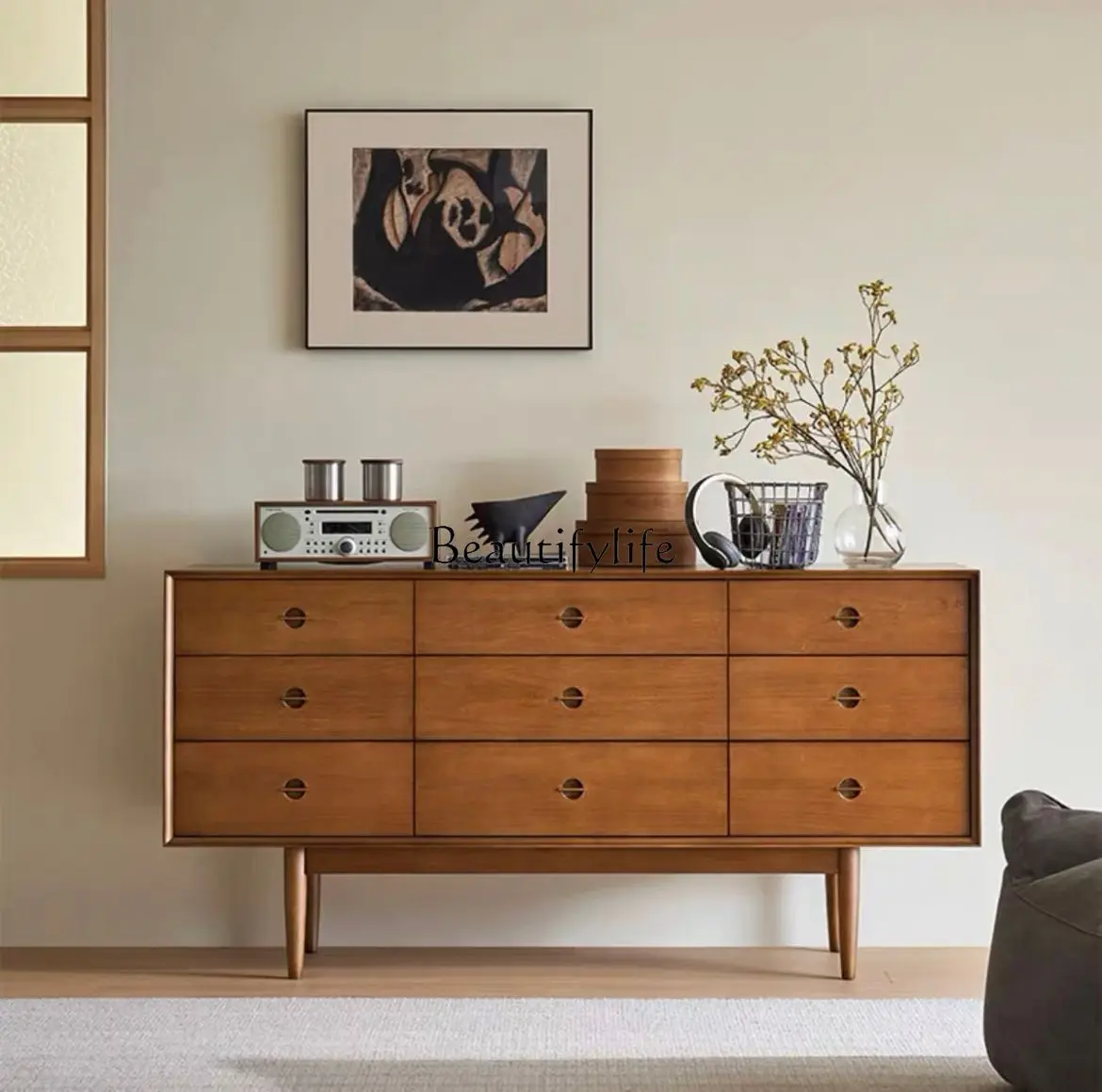 

Nordic solid wood nine-chest cabinet retro boxwood simple storage side cabinet walnut color