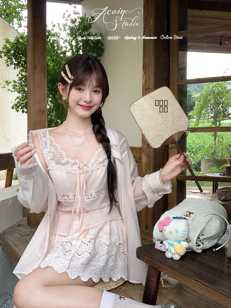 

Розовый комплект из двух предметов: футболка с защитой от солнца и юбка, женский летний винтажный нежный индивидуальный костюм из хлопка с длинными рукавами