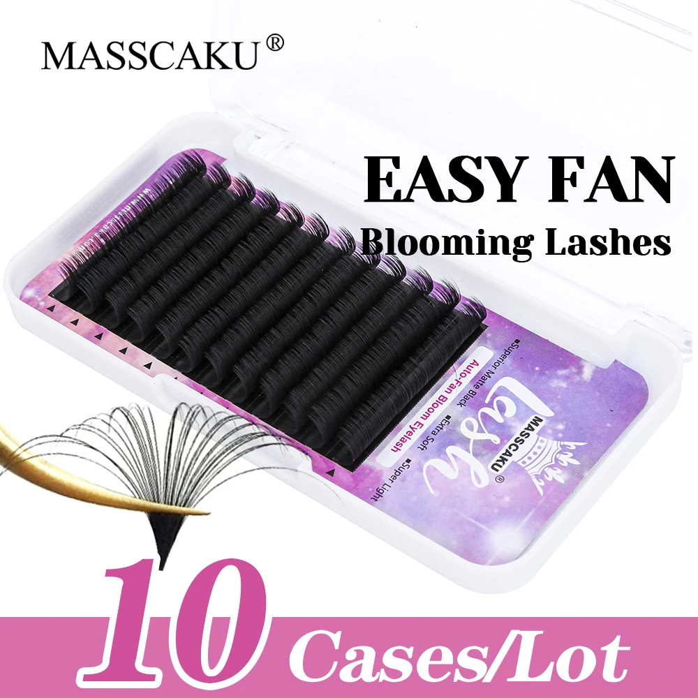 10cases/lot MASSCAKU 0.05/0.07mm Thickness 3D Effect Self Fanning Eyelashes Wispy One Second Blooming Lashes without Scattering