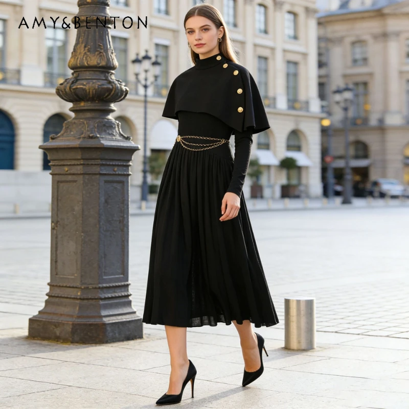 

Temperament British Style Women's Long Dress Set 2026 New Button Design Shawl Waist-cinching Pleated Dresses 2-piece Sets Ladies