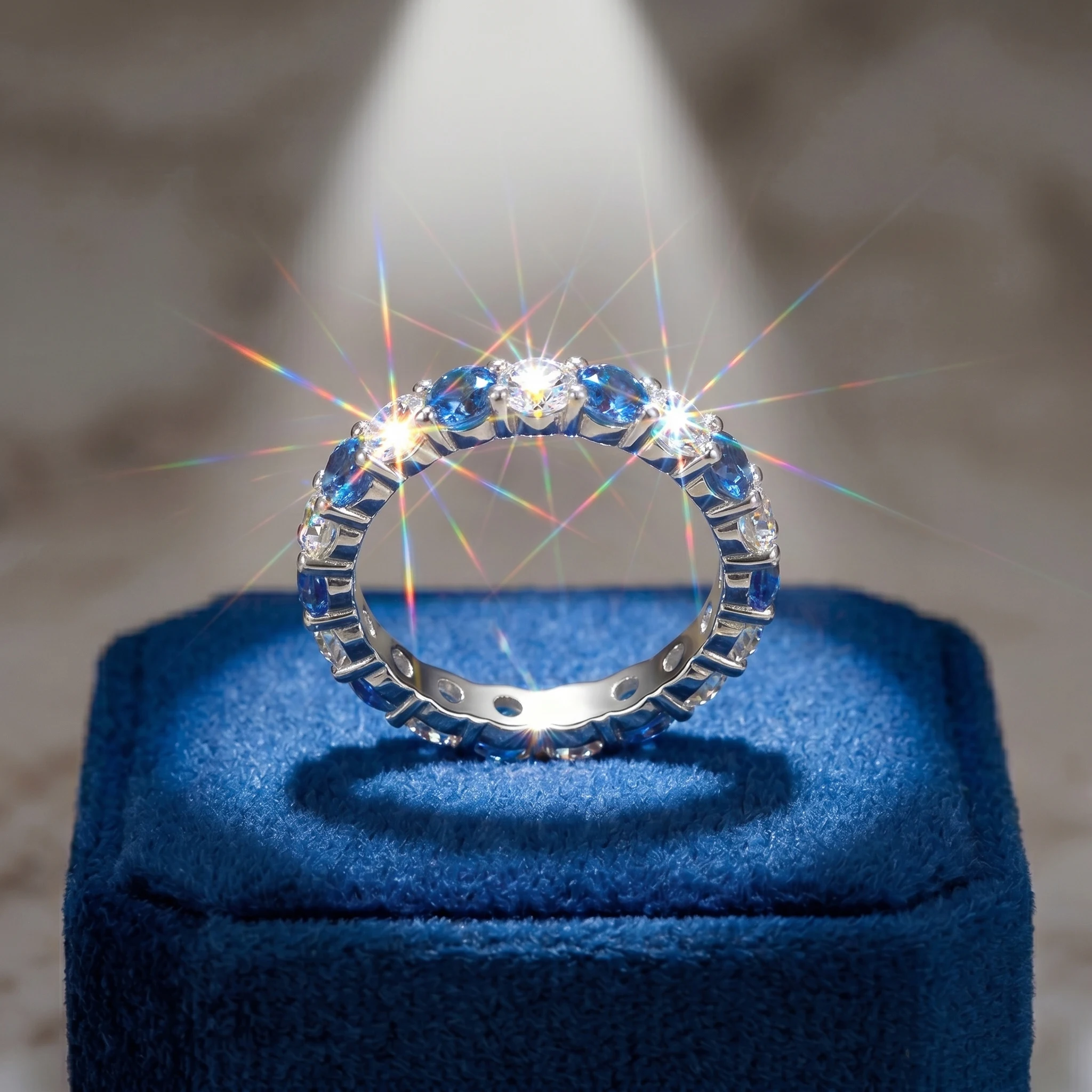 

Moissanite Ring, 925 Sterling Silver, Lab Sapphire & Moissanite Mixed, Full Pave, Jewelry Gift, Women's, Pass Diamond Tester