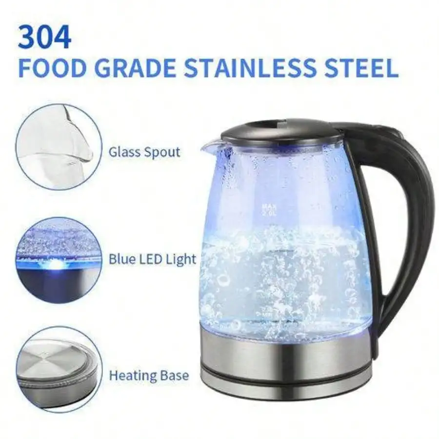 Wasserkocher Glas 2.0L Glaswasserkocher LED Edelstahl 1800W Teekocher sin BPA