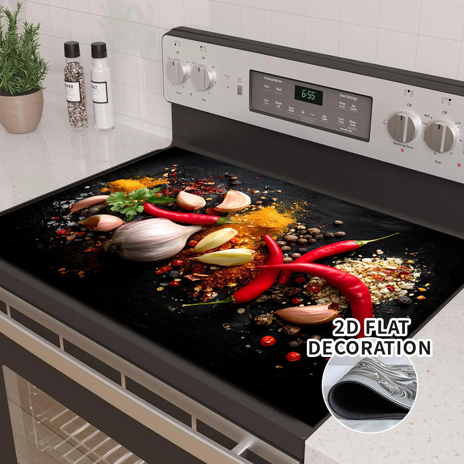 Spices Chili Garlic Stove Top Cover, Non-Slip Heat Resistant Burner Mat, Washable 2D Flat Kitchen Decor for Electric & Gas Stove