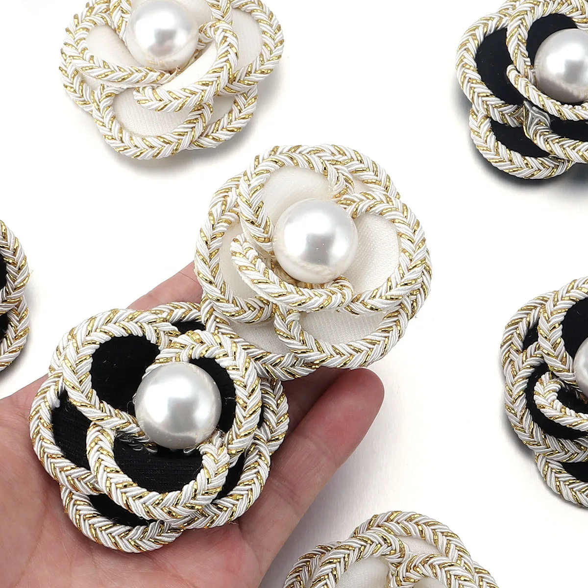 1 Pc Camellia Series Fabric Patches Artificial Pearl Flower Applique for Clothing Sewing Home Decor DIY Headwear Brooch Material